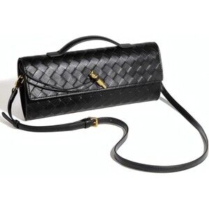 Women's Black Woven PU Leather Evening Clutch Purse Top Handle Shoulder Bag
